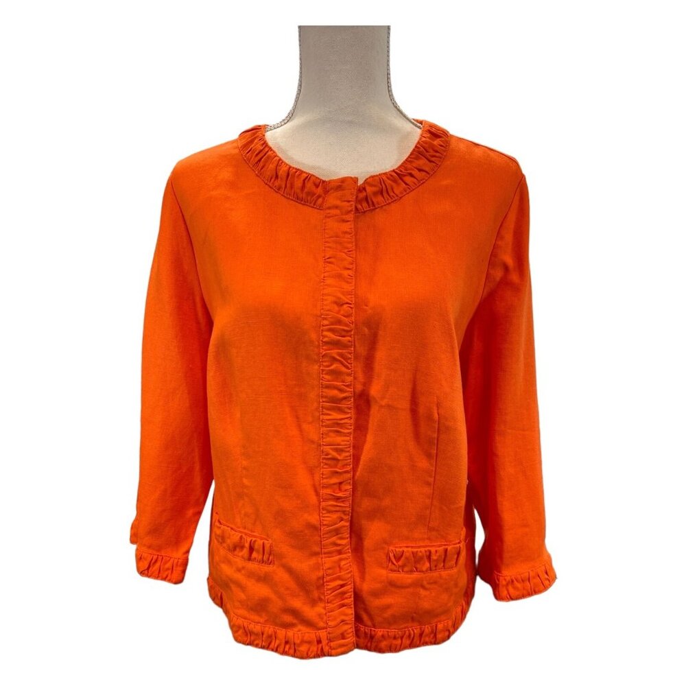 Chicos Jacket Blazer Women M Orange Linen Ruffle Trim Snap Front Office Career